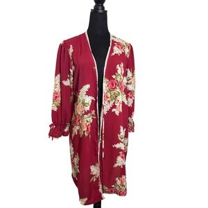 Oscar de La Renta Floral Robe Red Roses Romantic Cottagecore Cardigan Open Front